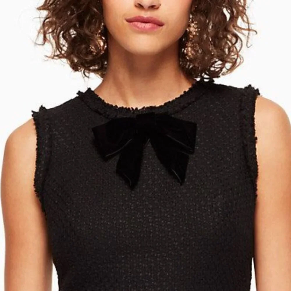 Kate Spade Dress Womens 0 Black Sheath Sleeveless Bow Tie Tweed Ruffle Short